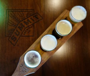 A flight of beers on a table in the Summit Ratskeller