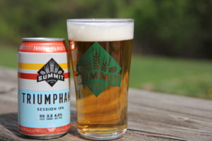 Summit Triumphant Session IPA 12oz Can and Pour Shot on Table