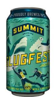12oz Can of Summit Slugfest Juicy IPA made with Huell Melon hops in the Summit Mixed Pack Dockside Edition