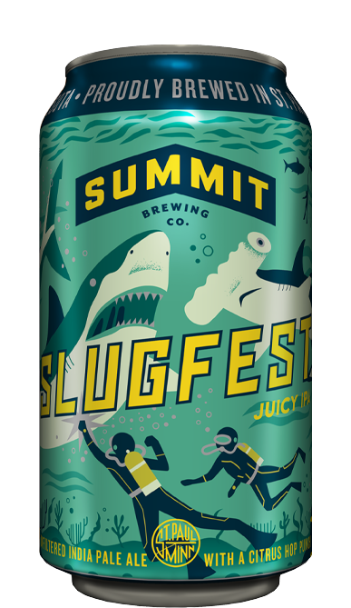 12oz Can of Summit Slugfest Juicy IPA made with Huell Melon hops in the Summit Mixed Pack Dockside Edition