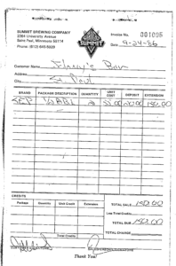 A receipt of the first kegs of Summit Extra Pale Ale sold by Summit Brewing Company