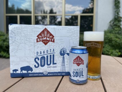 Dakota Soul Craft Lager 12pk, 12oz can and pour shot on patio