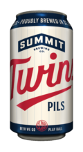 Updated Twins Pils 12oz can with a cream background, blue Summit chevron logo and featuring a red Twins script logo