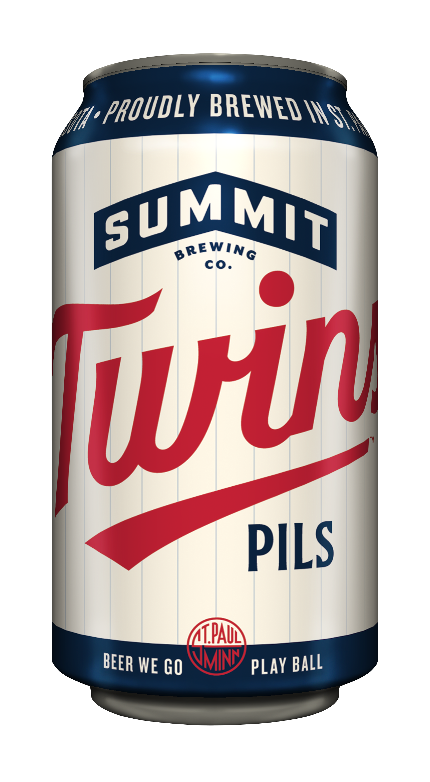 Updated Twins Pils 12oz can with a cream background, blue Summit chevron logo and featuring a red Twins script logo