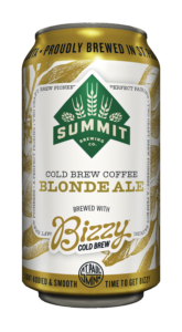 Image of 12oz can with green summit logo, Cold Brew Coffee Blonde Ale name and Bizzy Cold Brew logo. Background of coffee tree leaves and beans in gold on white