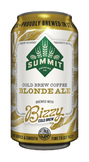 Image of 12oz can with green summit logo, Cold Brew Coffee Blonde Ale name and Bizzy Cold Brew logo. Background of coffee tree leaves and beans in gold on white