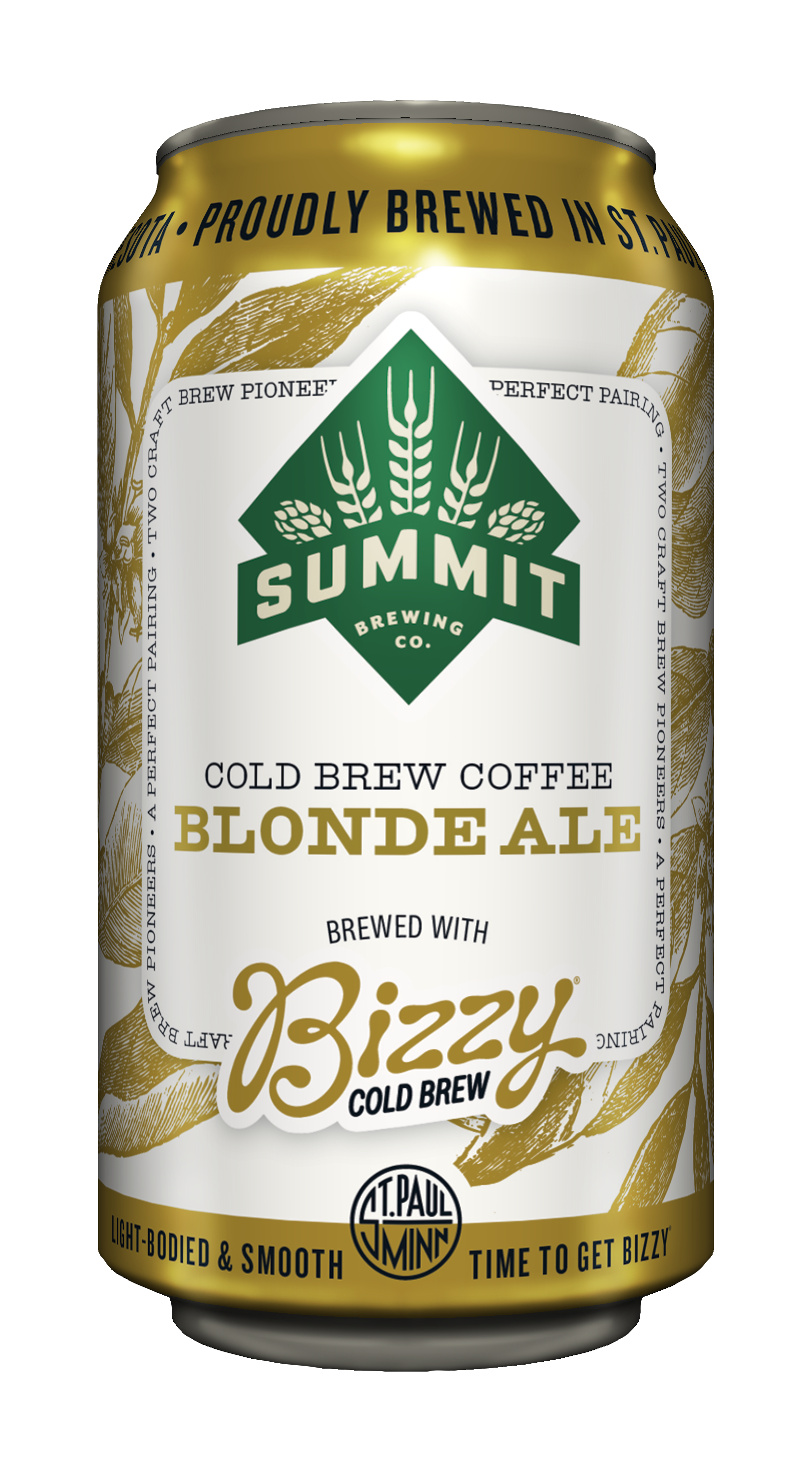 Image of 12oz can with green summit logo, Cold Brew Coffee Blonde Ale name and Bizzy Cold Brew logo. Background of coffee tree leaves and beans in gold on white