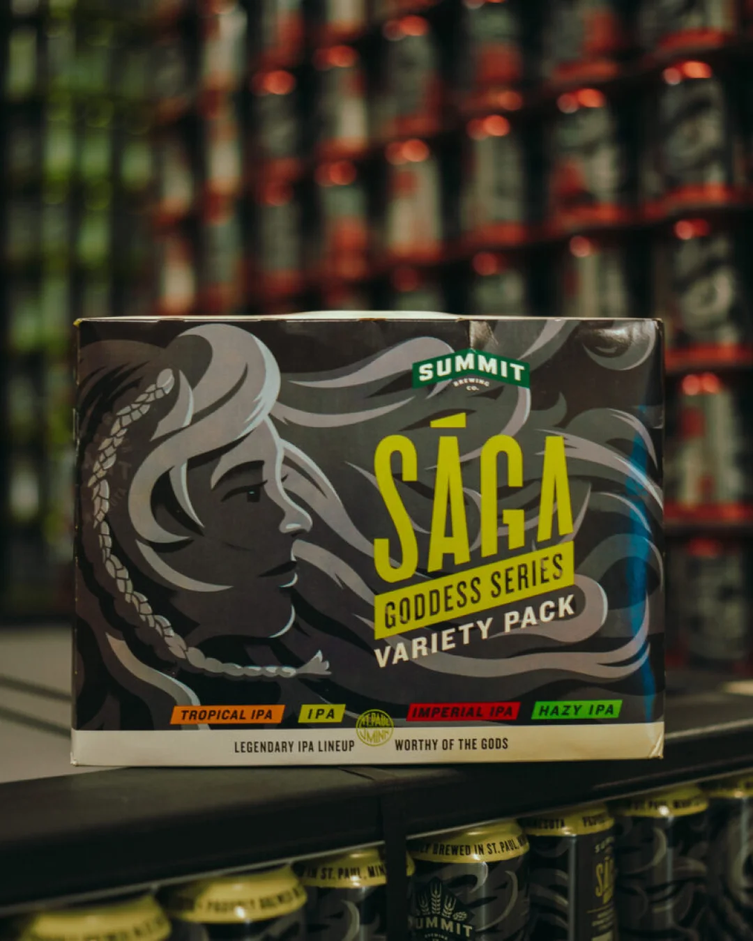 beer package sitting on top of cans in a warehouse